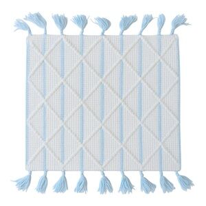 Handmade Cream Blue Knit Baby Blanket Tassel Edge Diamond Stitch Throw baby gift